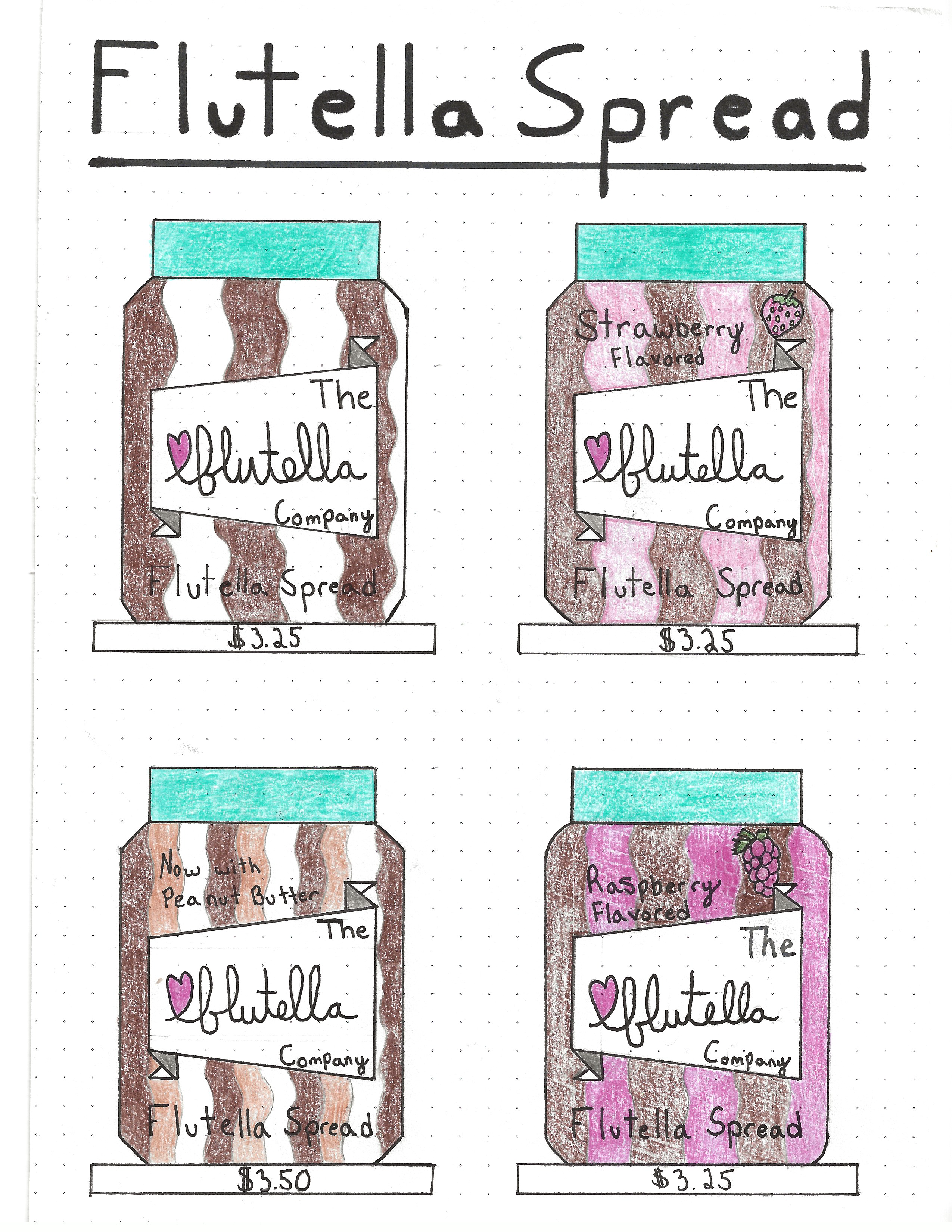 4 Branded and Designed Jars of Flutella Spread. Flavors: Original, Strawberry, Raspberry, and with Peanut Butter.