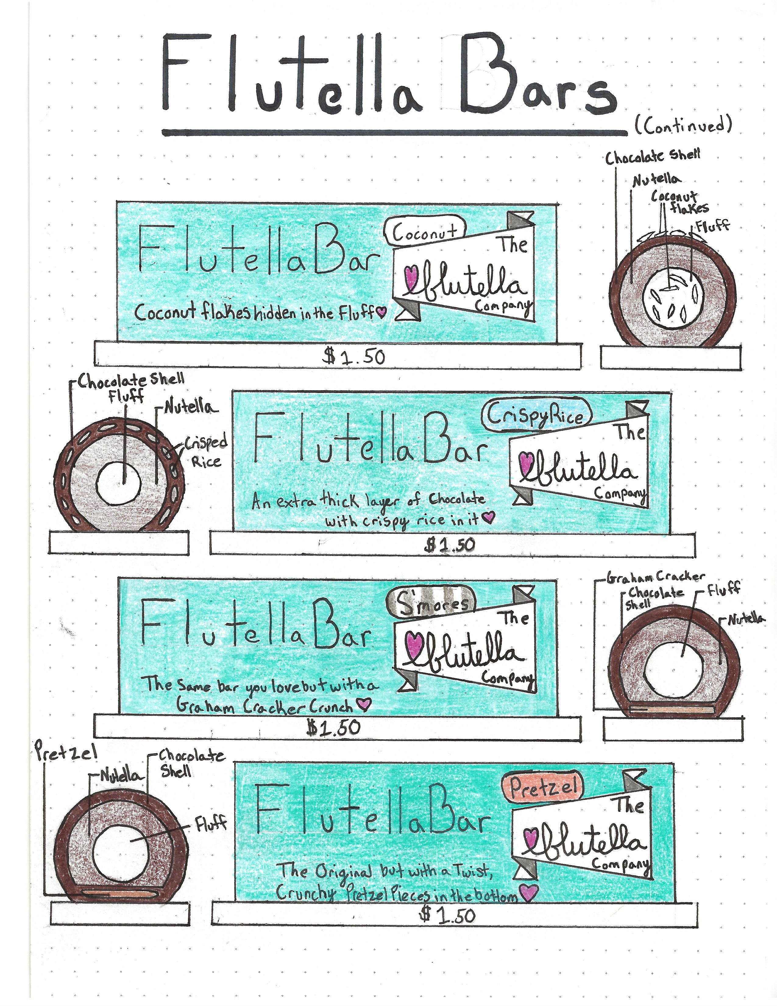 4 Branded and Designed Flutella Chocolate Bars with cross-section. Flavors: Coconut, Crispy Rice, S'more, and Pretzel.
