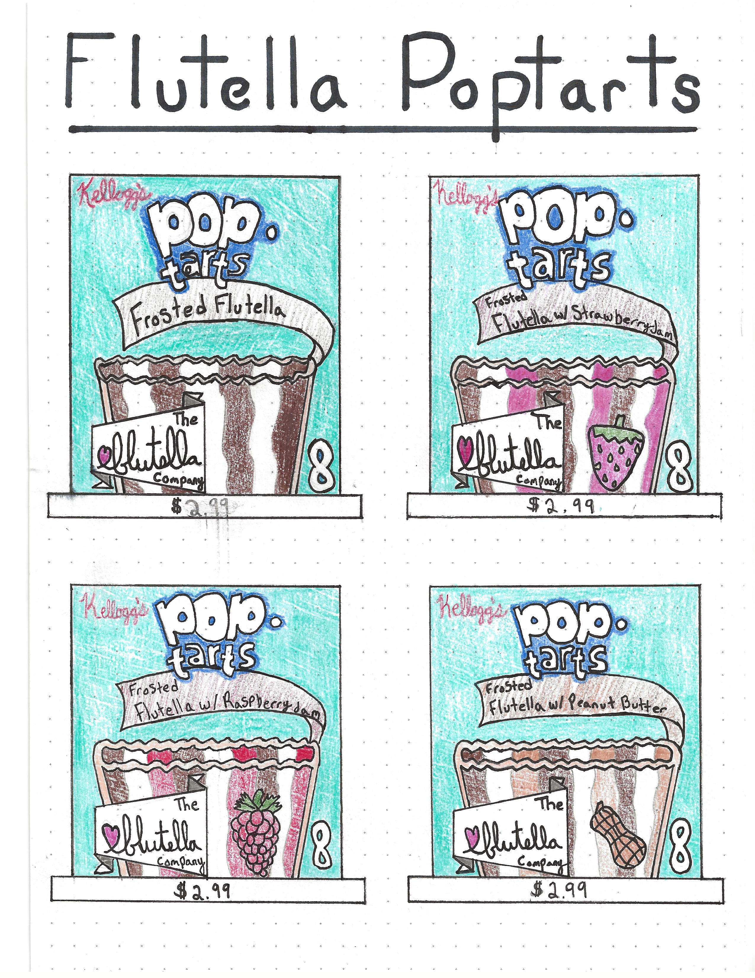 4 Branded and Designed boxes of Flutella Pop-tarts. Flavors: Original, Strawberry, Raspberry, and Peanut Butter.