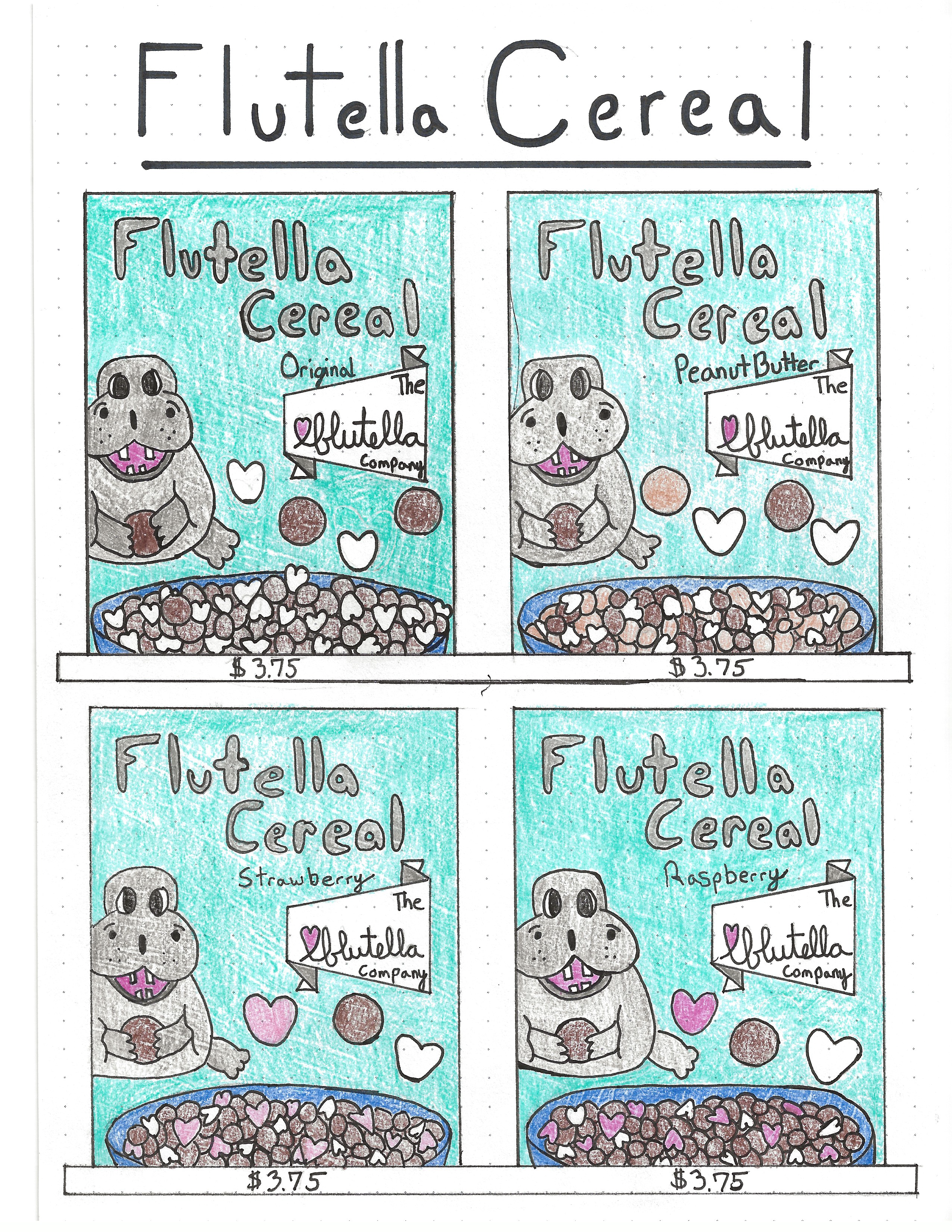 4 Branded and Designed boxes of Flutella Cereal. Flavors: Original, Strawberry, Raspberry, and Peanut Butter.