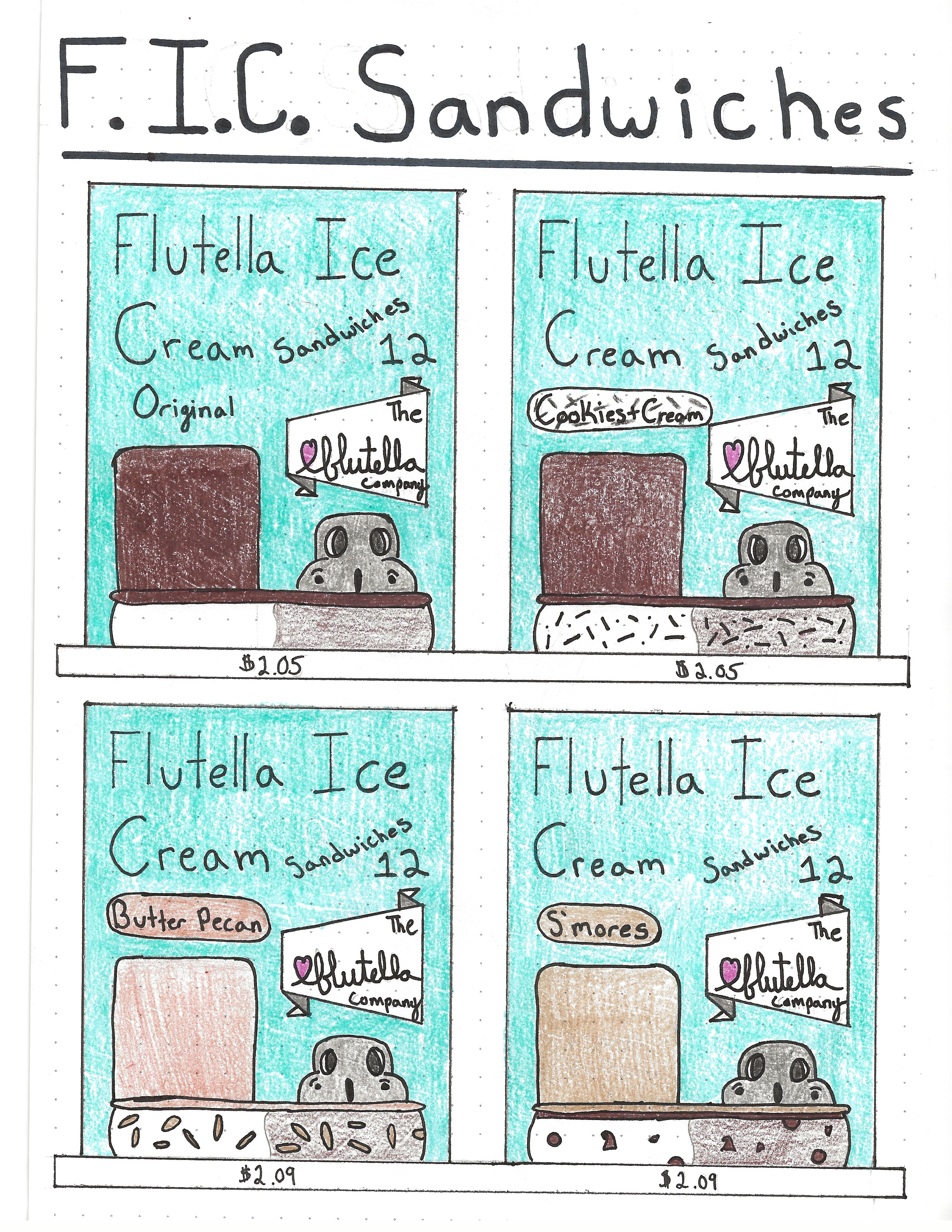 4 Branded and Designed boxes of Flutella Ice Cream Sandwiches. Flavors: Original, Cookies & Cream, Butter Pecan, and S'mores.