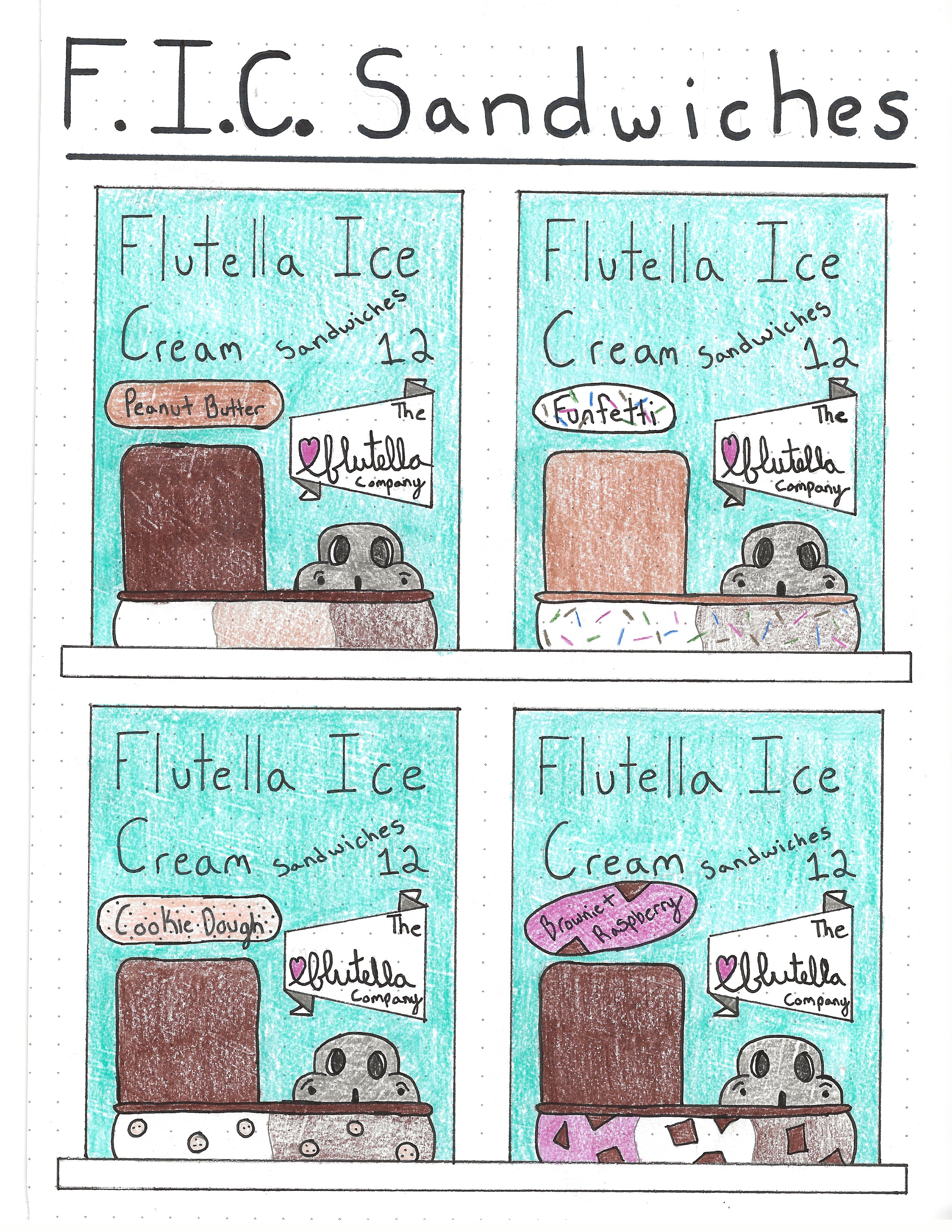 4 Branded and Designed boxes of Flutella Ice Cream Sandwiches. Flavors: Peanut Butter, Funfetti, Cookie Dough, Raspberry Brownie.