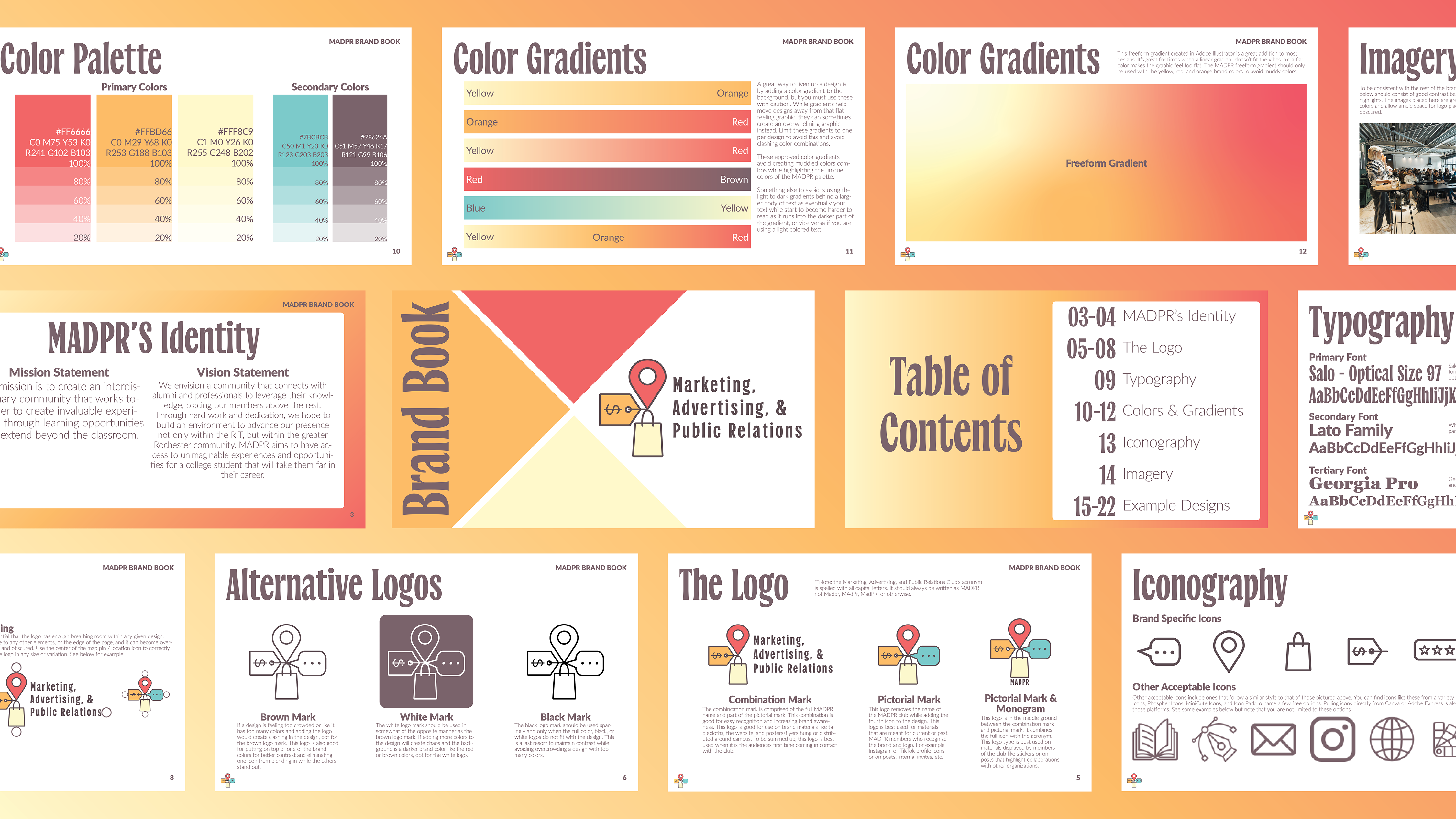 Collage of pages from the RIT MADPR Club Brand Book.
