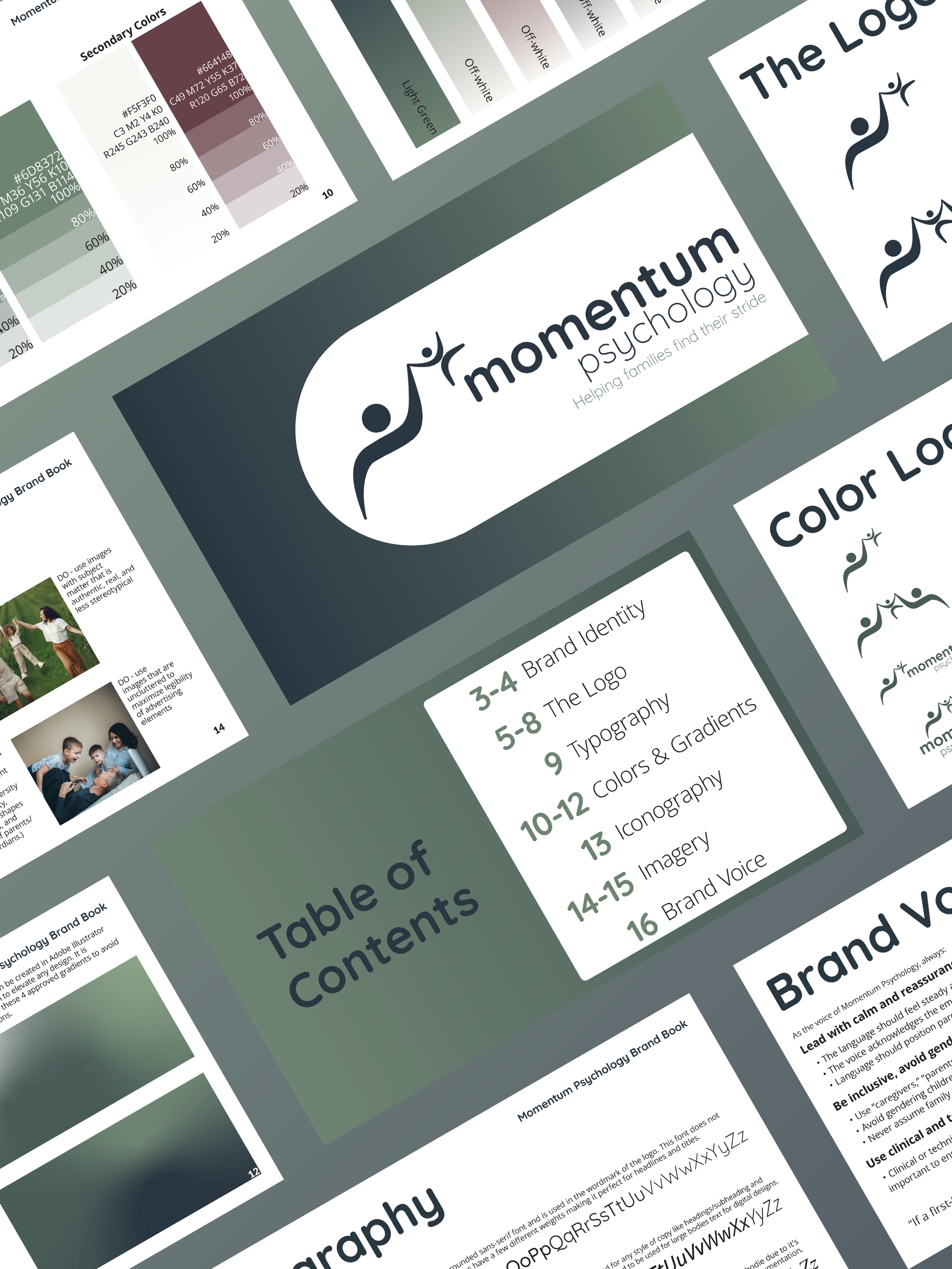 Mockup of Momentum Psychology Brand Book. Powerpoint slides laid out in an angled grid format.