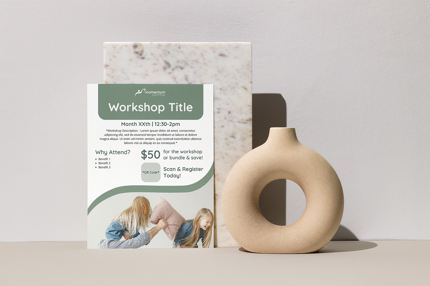 Mockup of a poster template for Momentum Psychology the advertise and event or workshop, emphasizing the benefits of attending, details, cost, and where to learn more. 