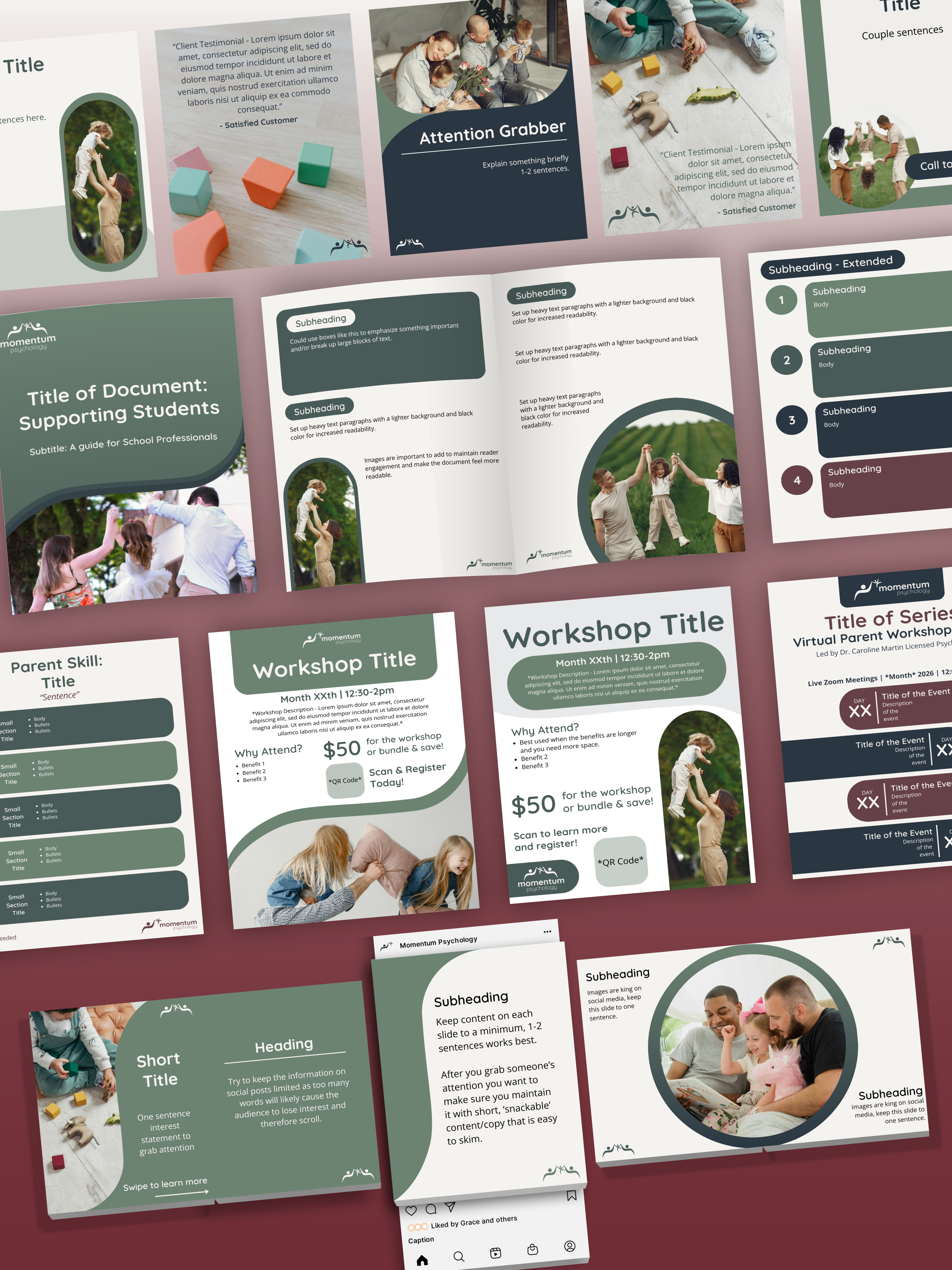 Mockup of flyers, booklets, and social media posts laid in a grid format.