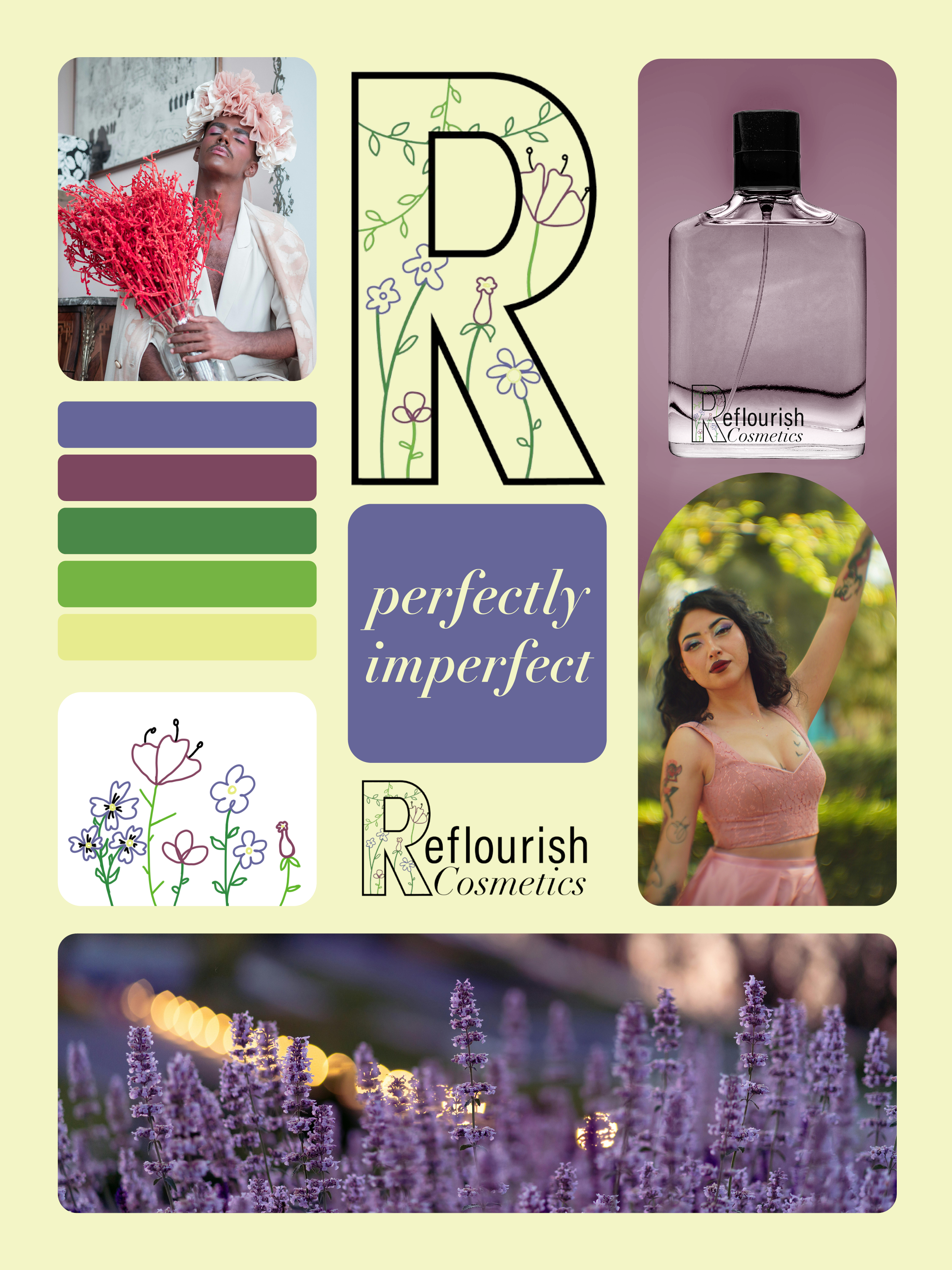 Moodboard of a floral cosmetic brand design